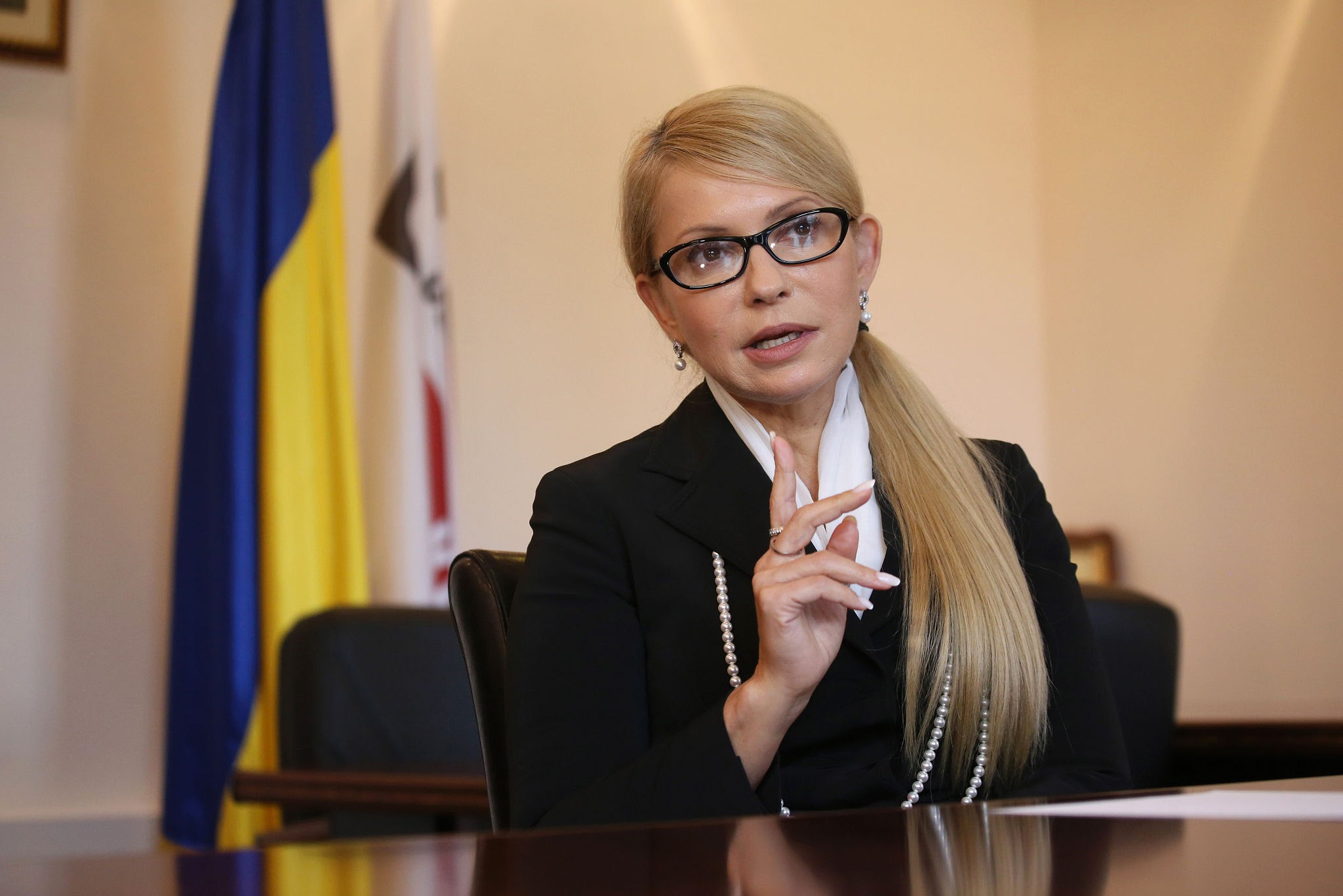 Yuliya Tymoshenko, former Ukrainian prime minister, gestures whilst speaking during an interview at the parliament in Kiev, Ukraine, on Tuesday, Feb. 23, 2016. The face of Ukraines Orange Revolution a decade ago, she became prime minister before infighting sank the pro-democracy government and allowed its Russian-backed adversary to take charge. Photographer: Joseph Sywenkyj/Bloomberg via Getty Images